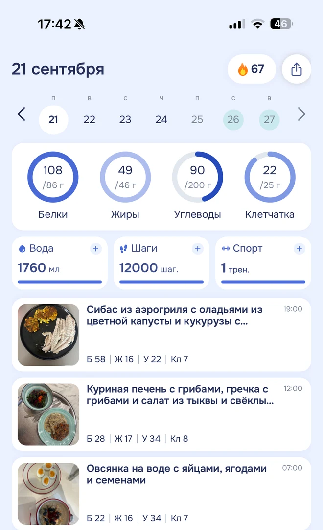 Дневник питания в morso.ai: белки, жиры, углеводы и клетчатка за день, вода, шаги и спорт