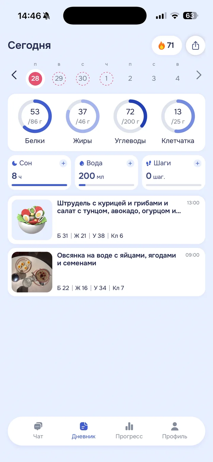 Цикл в дневнике morso.ai: дни менструации и прогноз